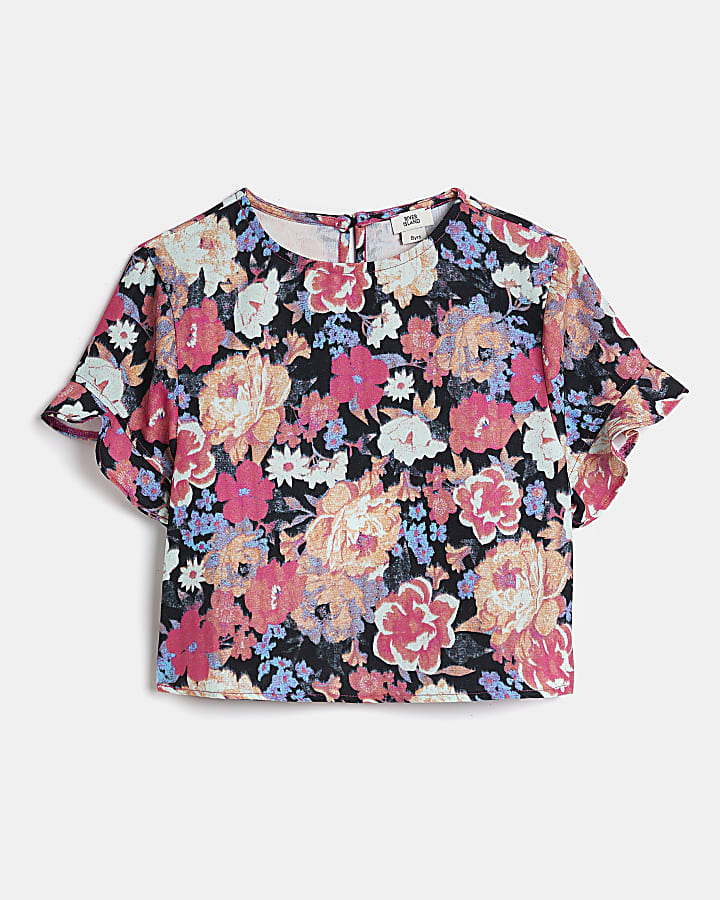 Girls Blue floral Frill Sleeve Blouse