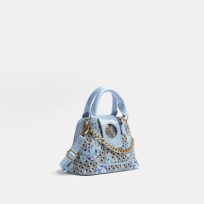 Girls Blue Floral Print Chain Tote Bag