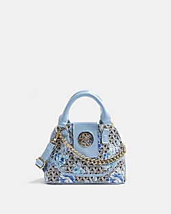 Girls Blue Floral Print Chain Tote Bag