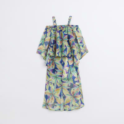 Girls Blue Floral Sheer Bardot Top Set