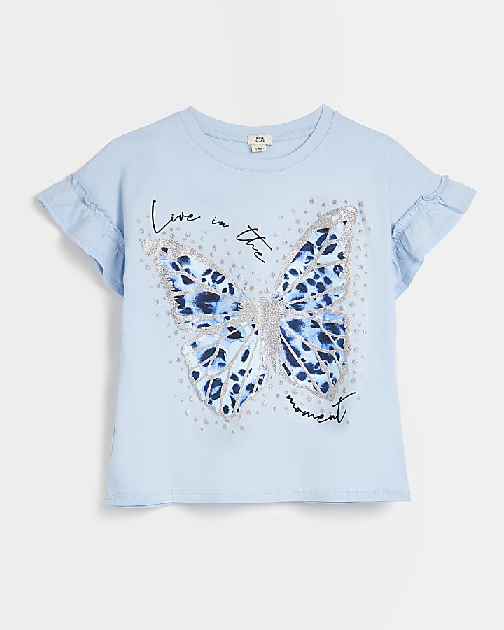 Girls blue frill glitter butterfly t-shirt