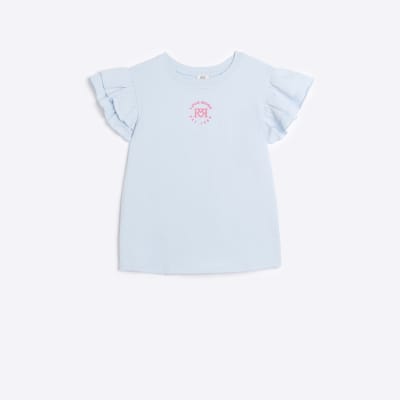 Girls Blue Frill Sleeve T-shirt