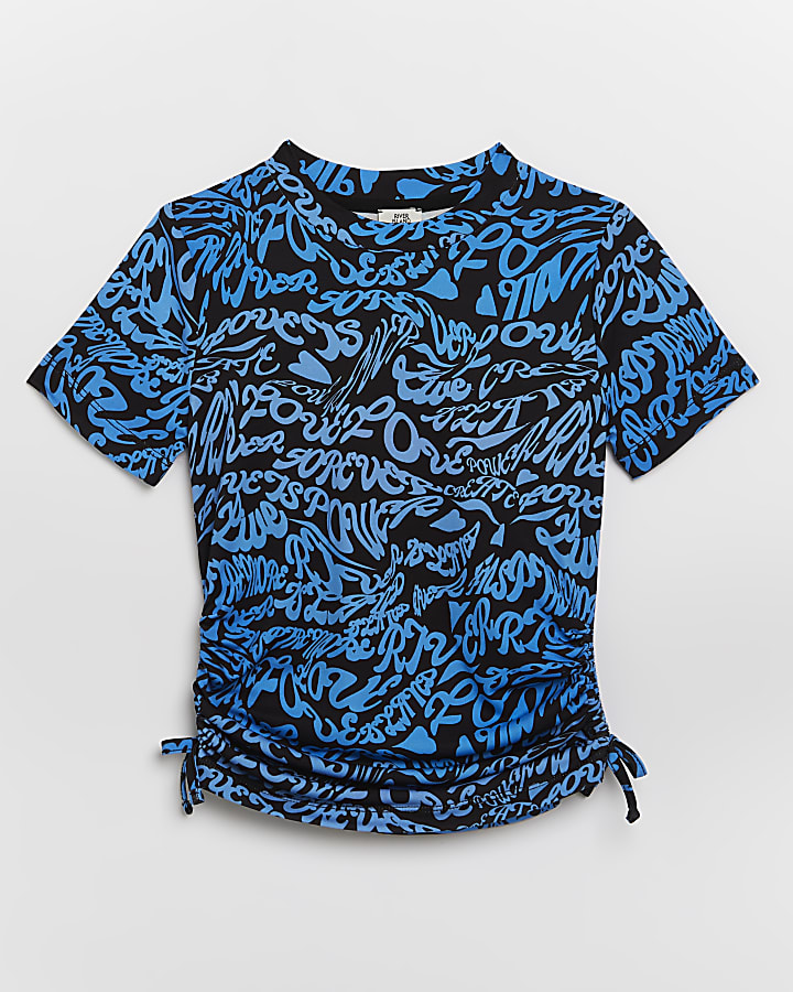 Girls blue graphic ruched top