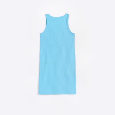 Girls Blue Halter Cut Out Ribbed Dress