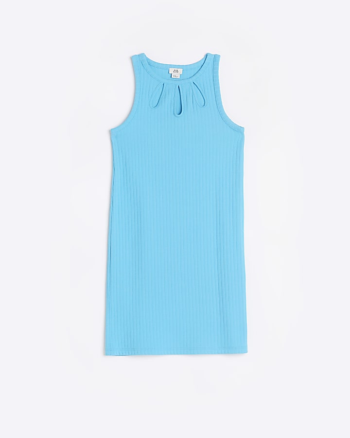 Girls Blue Halter Cut Out Ribbed Dress