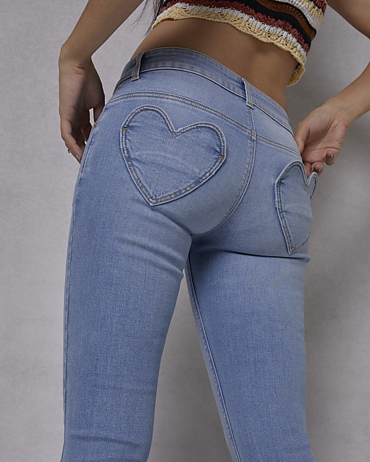 Girls blue heart pocket flared jeans