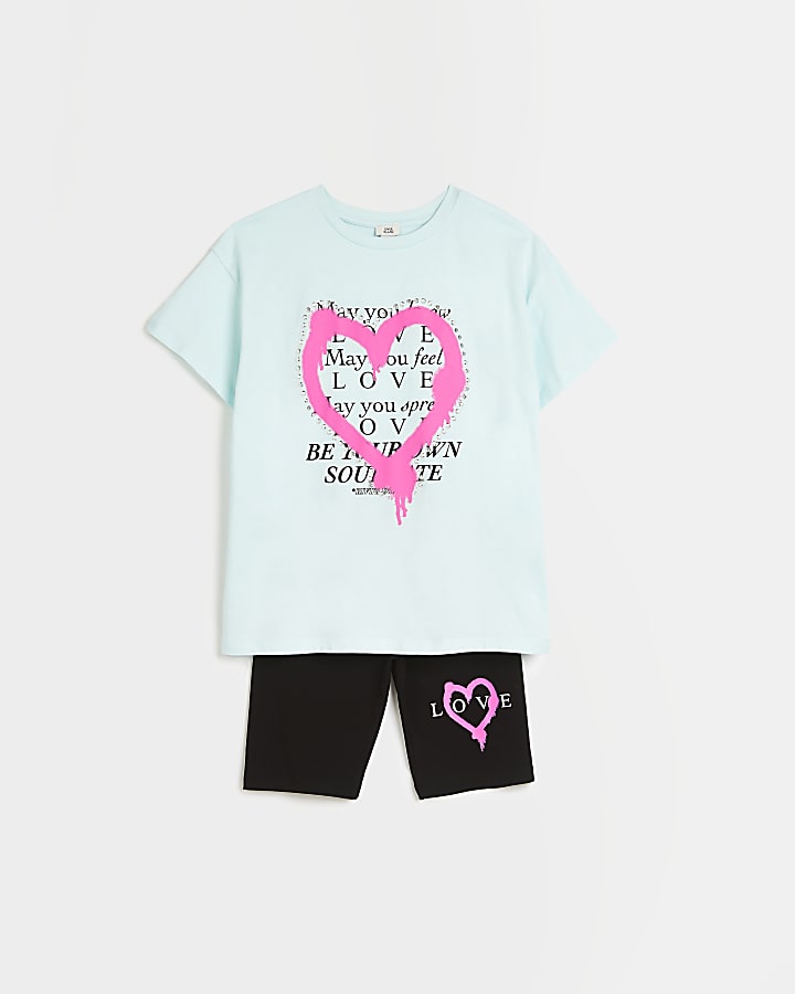 Girls blue heart print short outfit