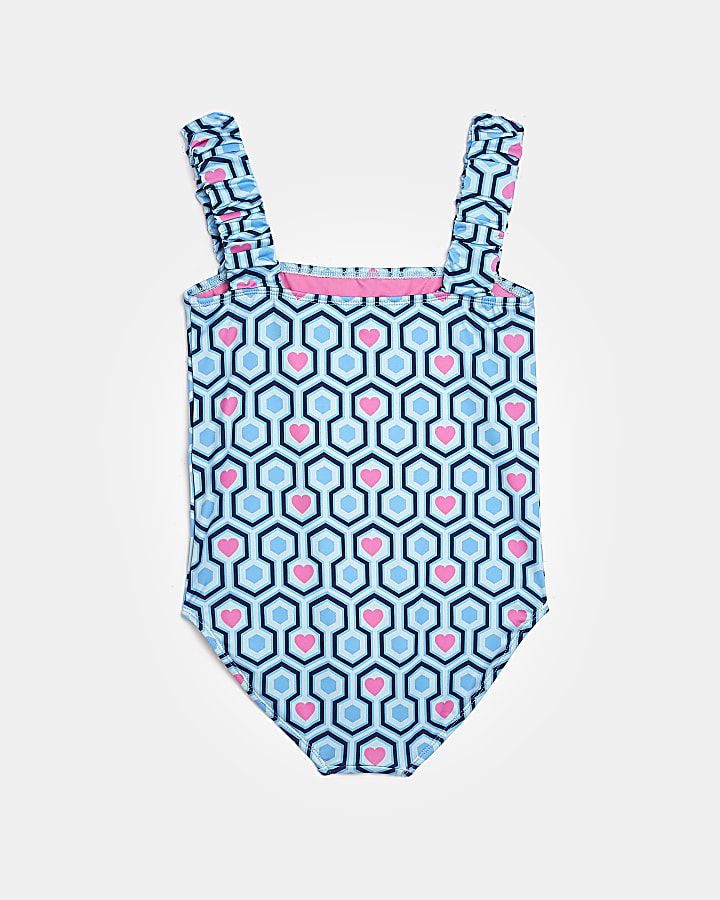 Girls blue heart print swimsuit