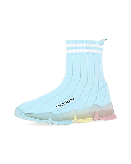 360 degree animation of product Girls blue knit high top sock trainers frame-1
