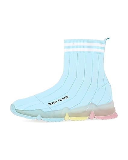 360 degree animation of product Girls blue knit high top sock trainers frame-2