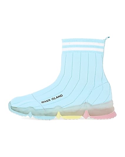 360 degree animation of product Girls blue knit high top sock trainers frame-3