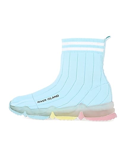 360 degree animation of product Girls blue knit high top sock trainers frame-4