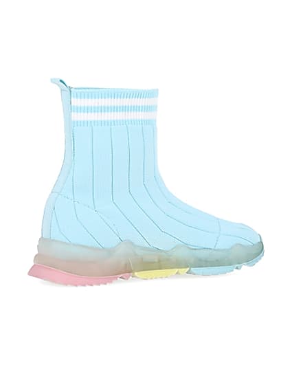 360 degree animation of product Girls blue knit high top sock trainers frame-13