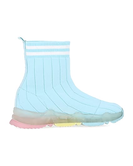 360 degree animation of product Girls blue knit high top sock trainers frame-14