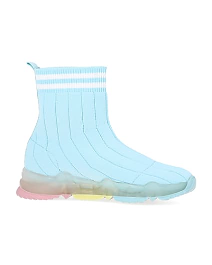 360 degree animation of product Girls blue knit high top sock trainers frame-16