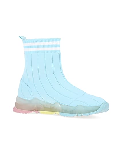 360 degree animation of product Girls blue knit high top sock trainers frame-17