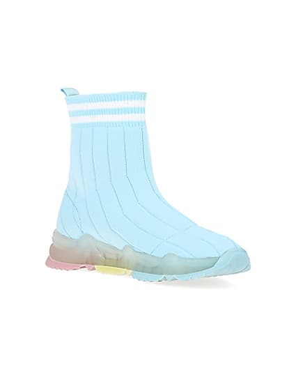 360 degree animation of product Girls blue knit high top sock trainers frame-18