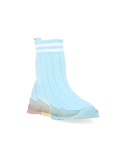 360 degree animation of product Girls blue knit high top sock trainers frame-19