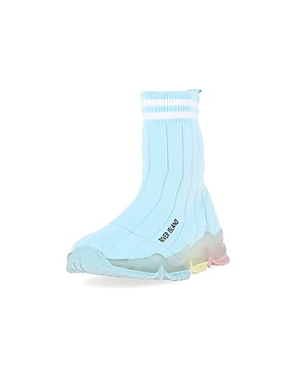 360 degree animation of product Girls blue knit high top sock trainers frame-23
