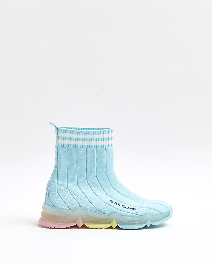 Girls blue knit high top sock trainers