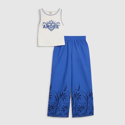 Girls Blue Laser Cut Trousers Set