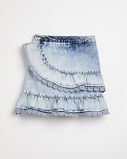 Girls blue layered frill denim skirt