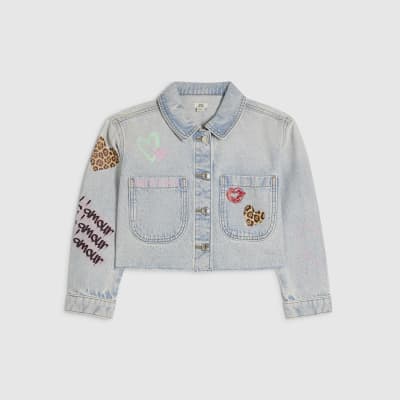 Girls Blue Leopard Heart Denim Jacket