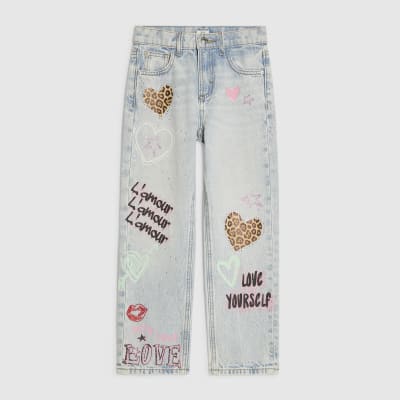 Girls Blue Leopard Heart Straight Leg Jeans