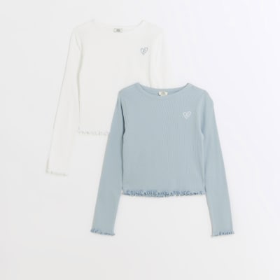 Girls blue lettuce hem long sleeve top 2 pack River Island