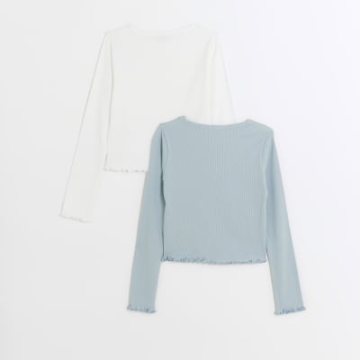 Girls blue lettuce hem long sleeve top 2 pack River Island