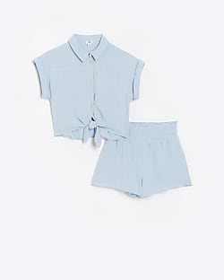Girls blue linen top and shorts set