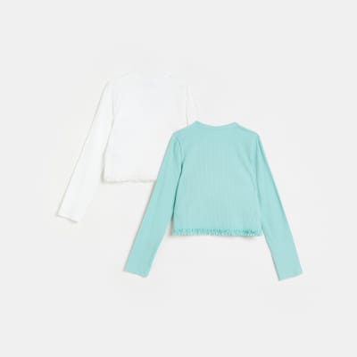 Girls Blue Long Sleeve Lace Hem T-shirt Set