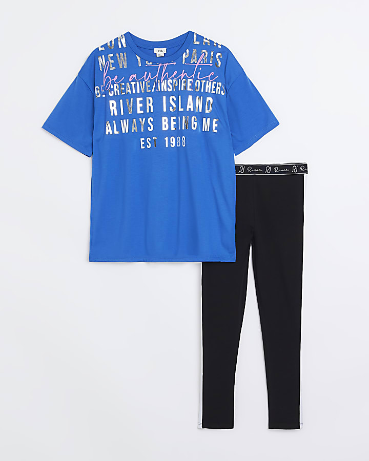 Girls Blue Longline T-shirt and leggings set