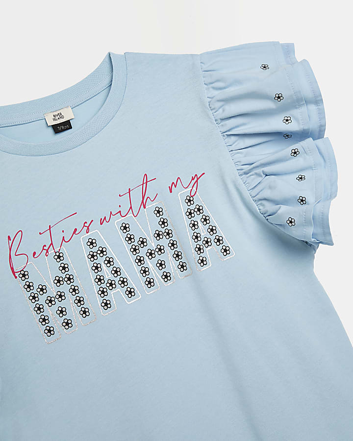 Girls blue 'Mama' print frill sleeve t-shirt