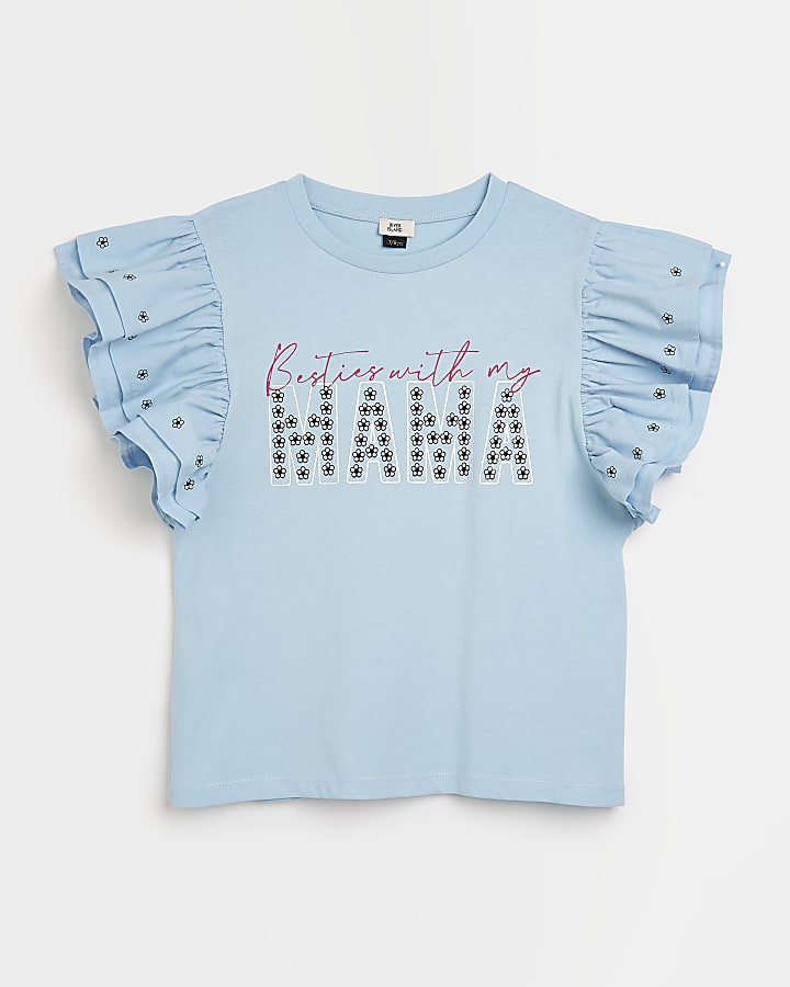 Girls blue 'Mama' print frill sleeve t-shirt