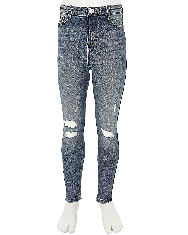 Girls blue mid wash ripped high rise jeans