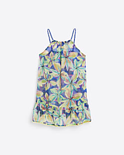 Girls Blue Oversized Sheer Floral Beach Dress