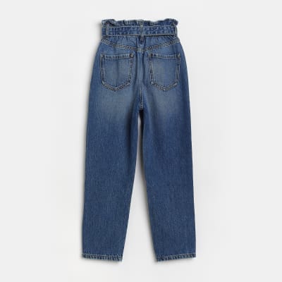 Girls blue paperbag belted jeans