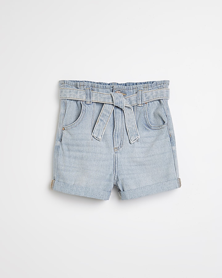 Girls blue paperbag waist belted denim shorts
