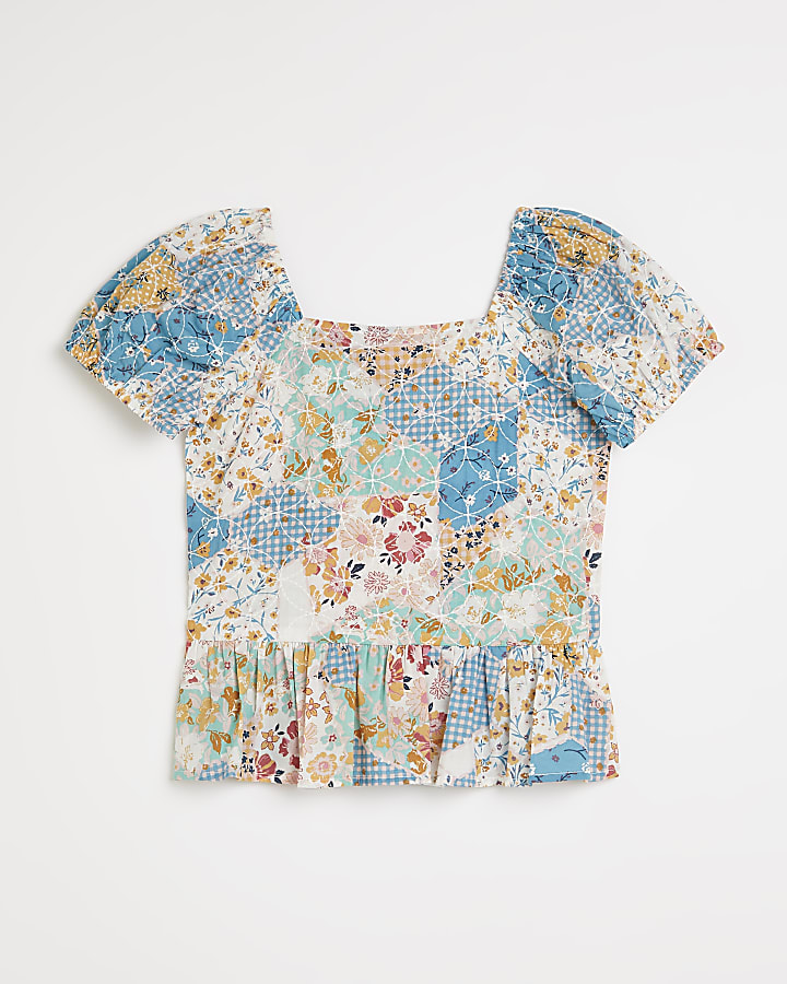 Girls blue patchwork floral milkmaid top