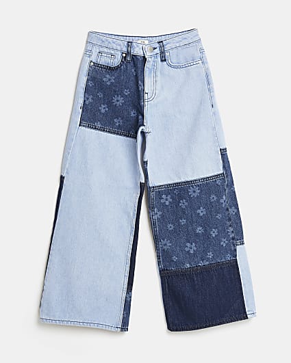 Girls blue patchwork wide leg jeans