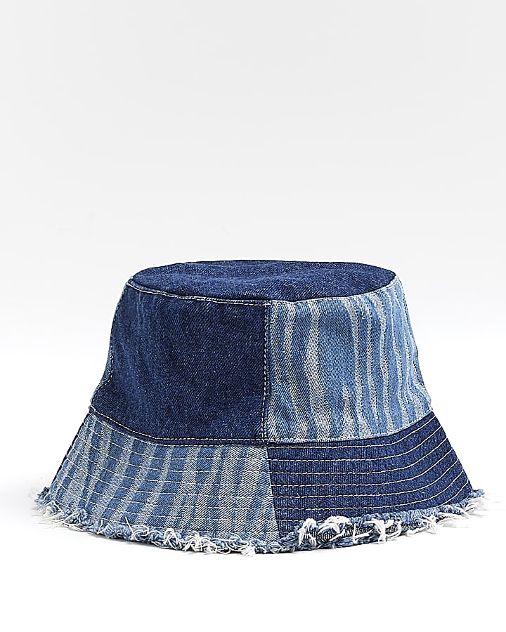 Girls blue patchwork zebra denim bucket hat