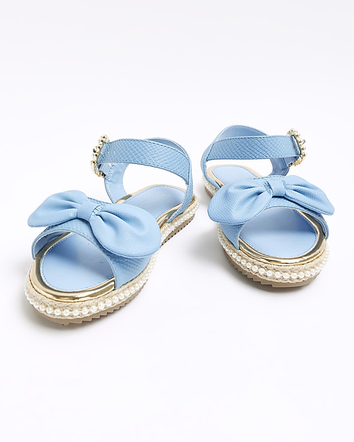 Girls blue pearl embellished bow sandals