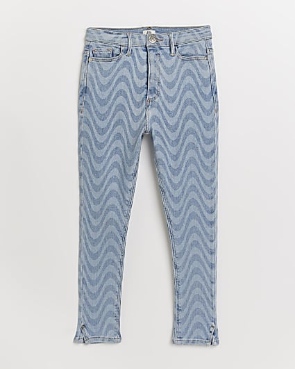 Girls blue printed wave skinny jeans