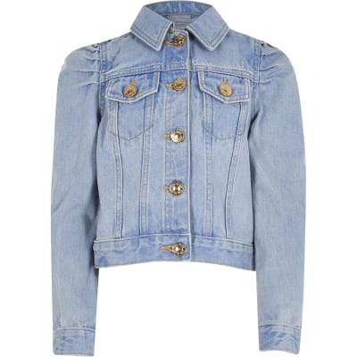 Girls blue puff sleeve denim jacket | River Island