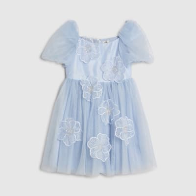 Girls Blue Puff Sleeve Floral Tulle Dress