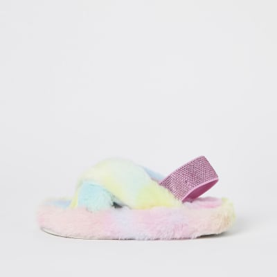 blue rainbow faux fur slippers River