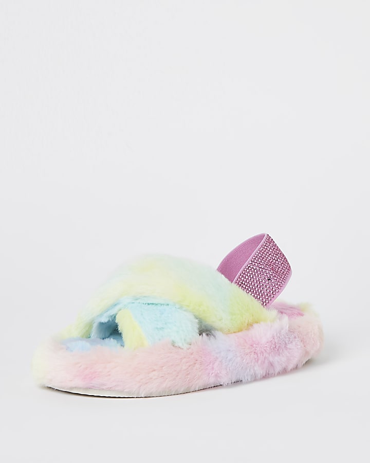 Girls blue rainbow faux fur slippers