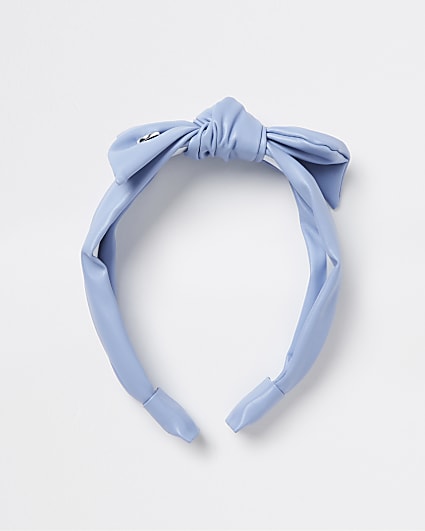Girls blue RI faux leather bow Alice band
