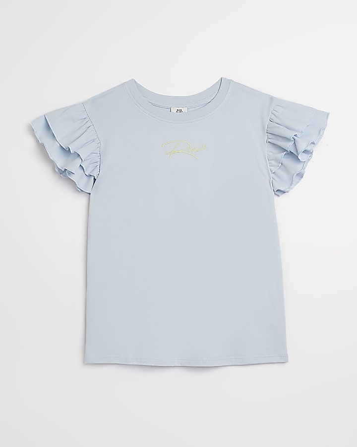 Girls blue RI frill sleeve t-shirt